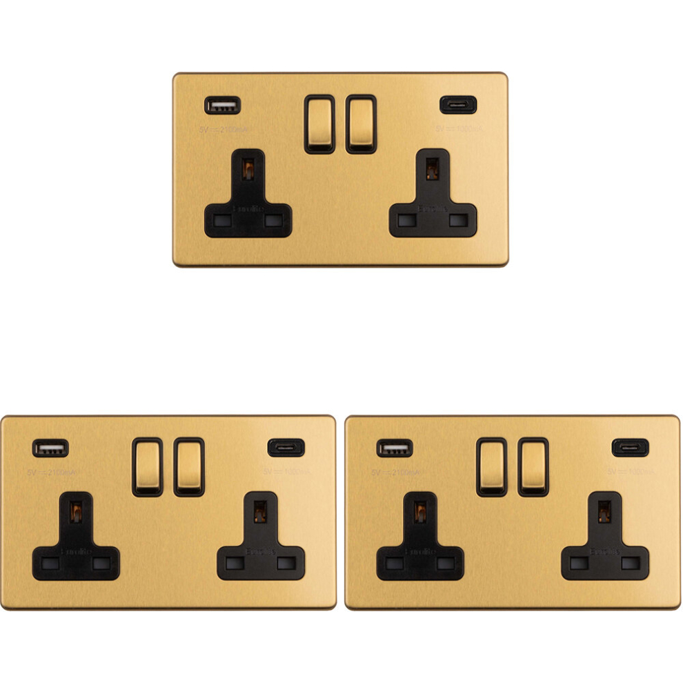 3 PACK 2 Gang Double 13A UK Plug Socket & 2x 3.1A USB-C SCREWLESS SATIN BRASS-image-OPC-PDC6B9H-NEW