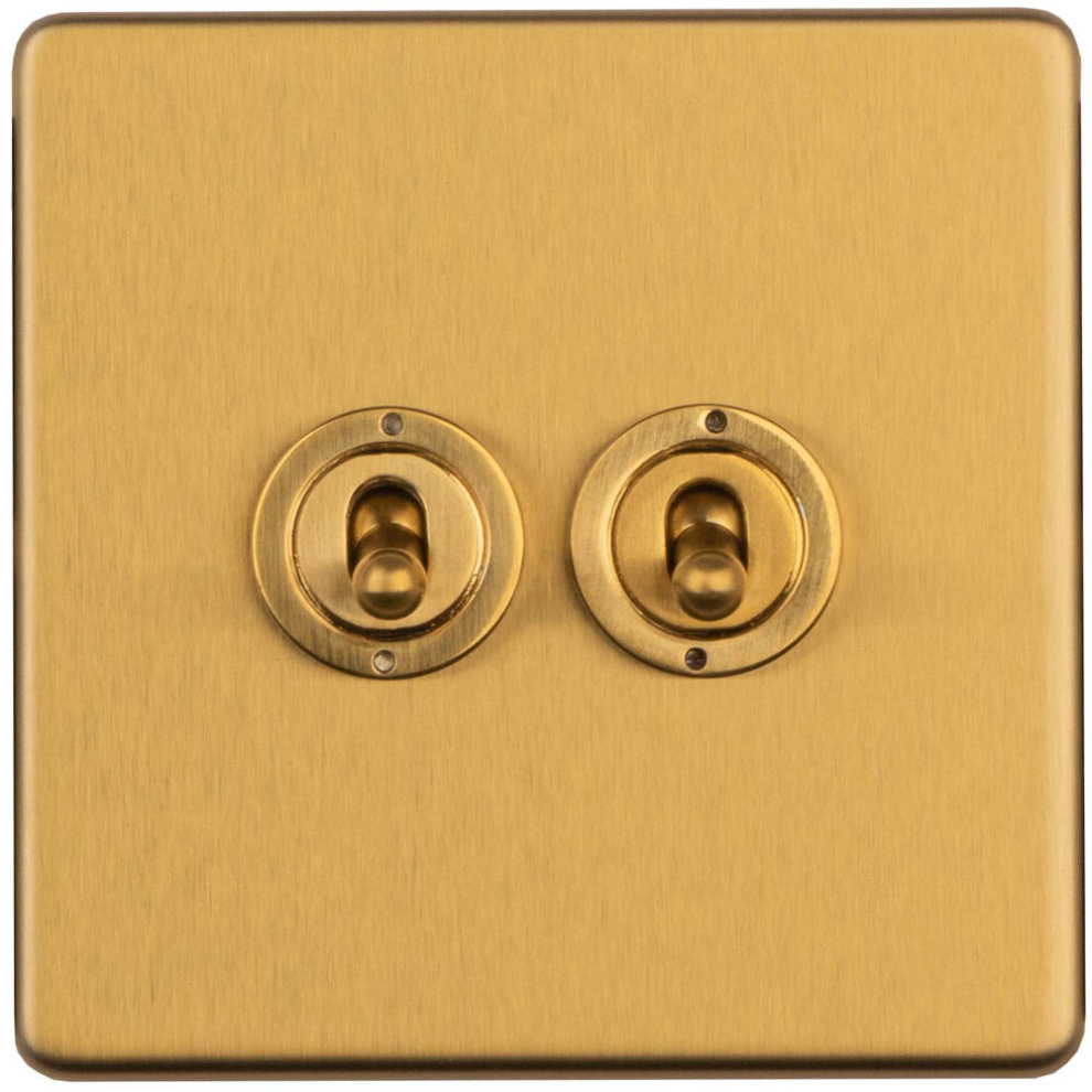 2 Gang Double Retro Toggle Light Switch Screwless Satin Brass 10A 2 Way Lever 5056581973658