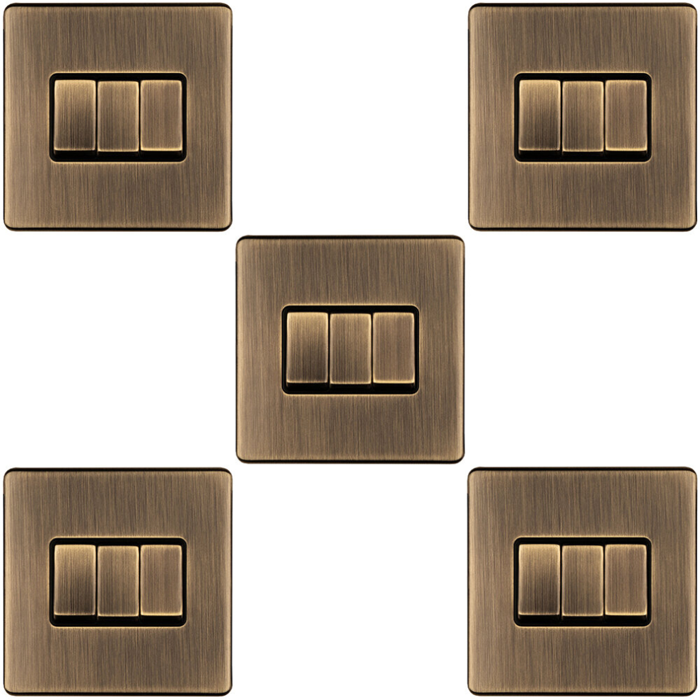 5 PACK 3 Gang Triple Light Switch SCREWLESS ANTIQUE BRASS 2 Way 10A Slim Rocker