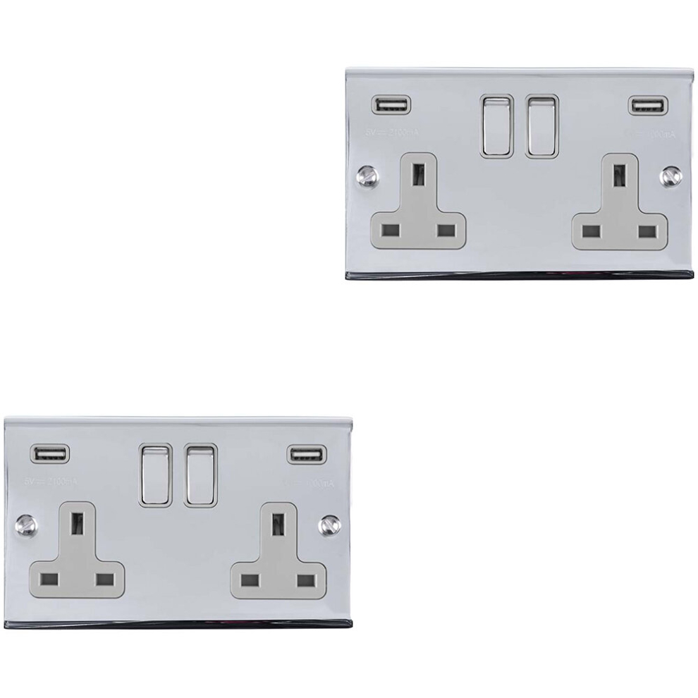 2 PACK 2 Gang Double UK Plug Socket & 2.1A USB-A CHROME & GREY 13A Switched