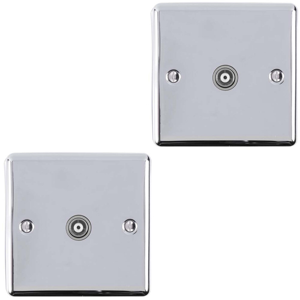 2 PACK 1 Gang Single TV Coaxial Aerial Socket - CHROME & GREY Female Wall Plate