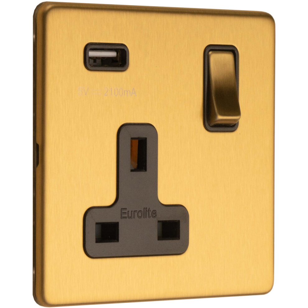 1 Gang Single 13A UK Plug Socket & 2.1A USB-A Charger SCREWLESS SATIN BRASS