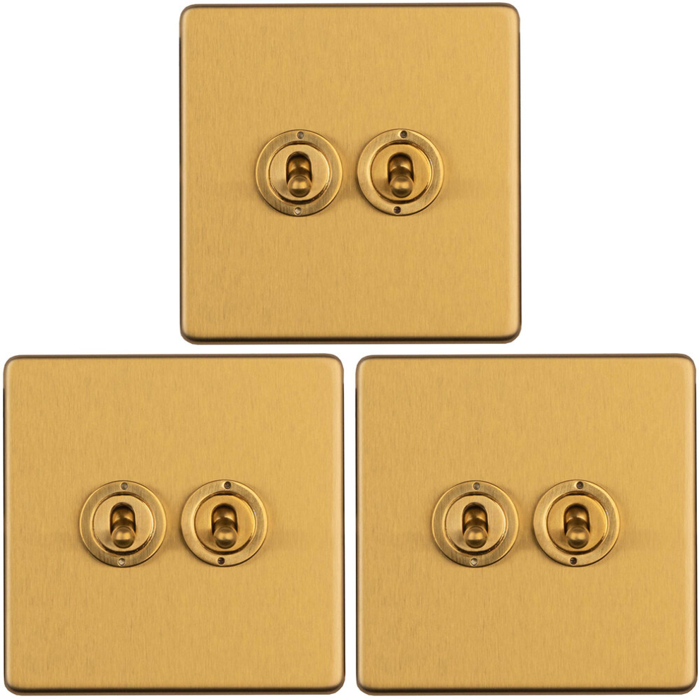 3 Pack 2 Gang Double Retro Toggle Light Switch Screwless Satin Brass 10A 2 Way 5056581973672
