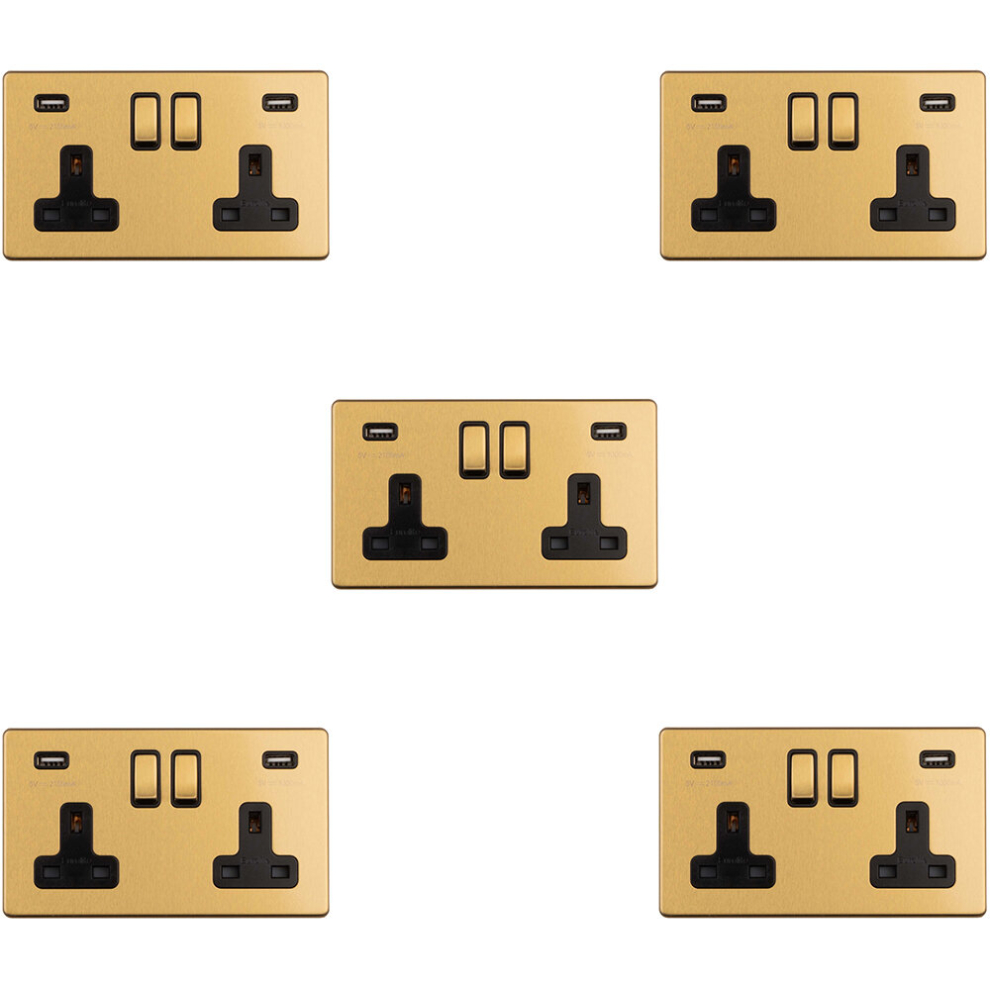 5 PACK 2 Gang Double 13A UK Plug Socket & 2.1A USB-A SCREWLESS SATIN BRASS