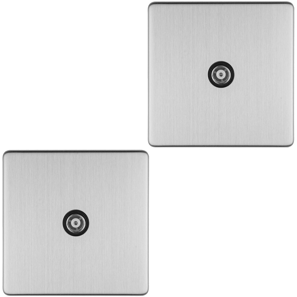 2 PACK 1 Gang Single TV Coaxial Aerial Socket SCREWLESS SATIN STEEL Wall Plate