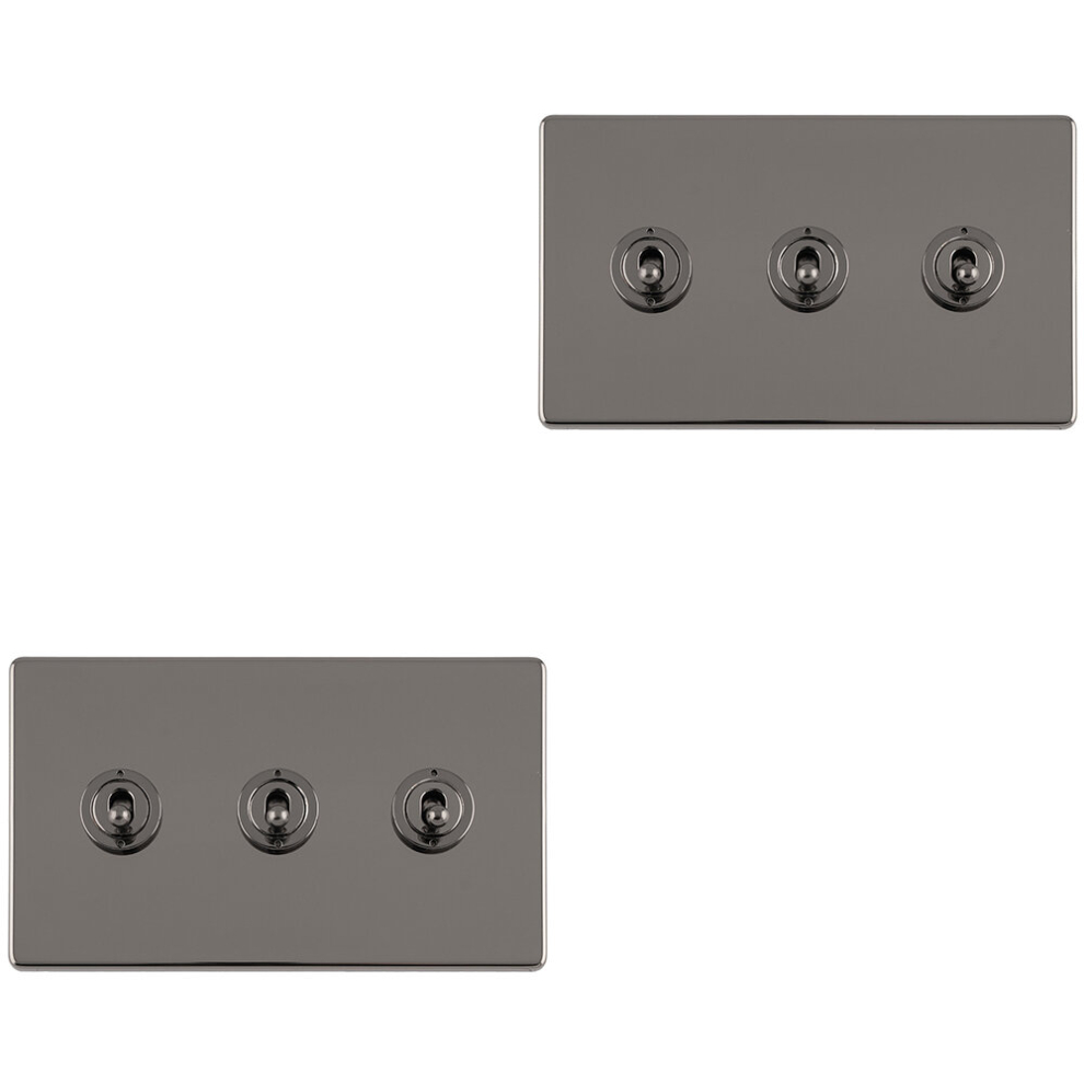 2 Pack 3 Gang Triple Retro Toggle Light Switch Screwless Black Nickel 10A 2 Way 5056581977489