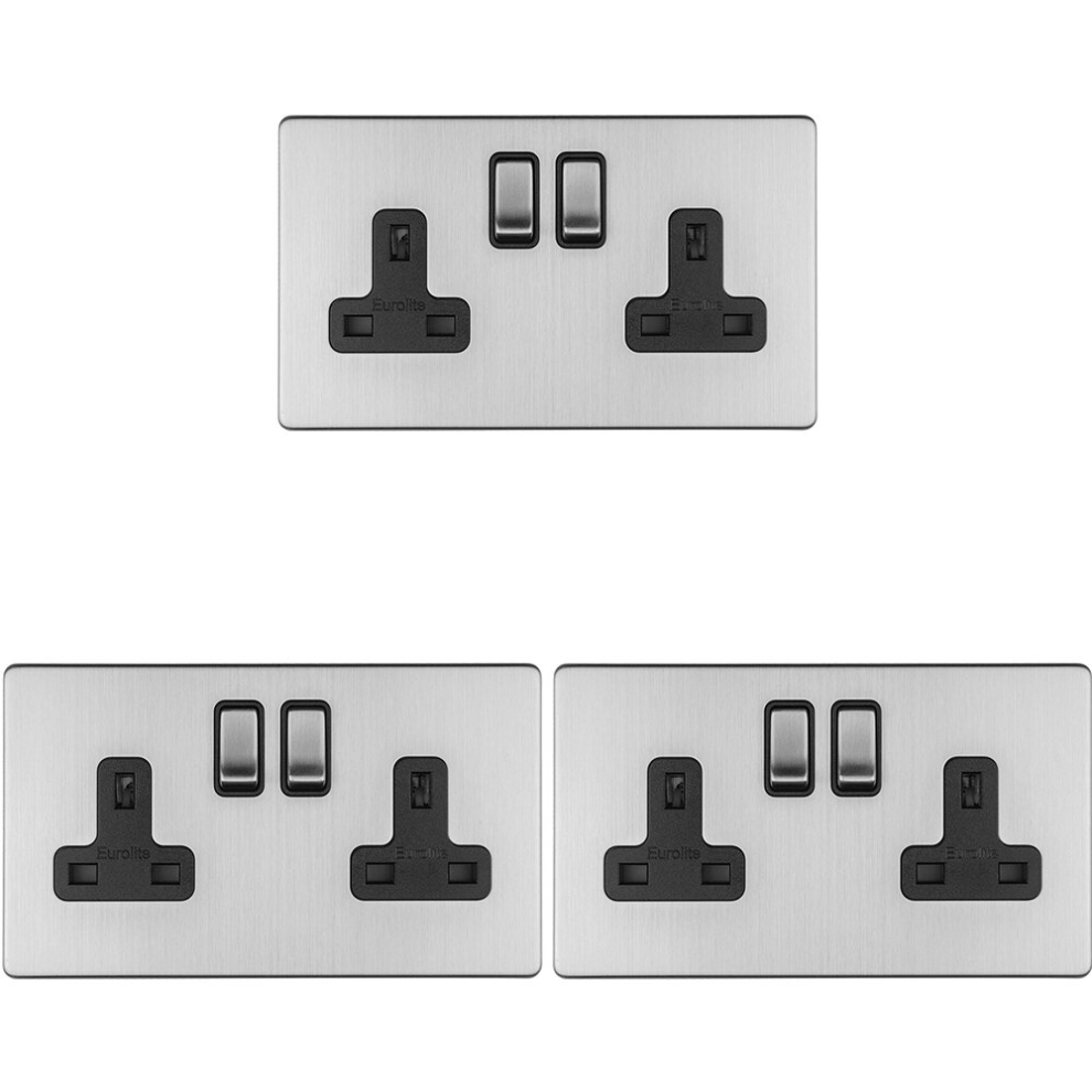 3 PACK 2 Gang DP 13A Switched UK Plug Socket SCREWLESS SATIN STEEL Wall Power