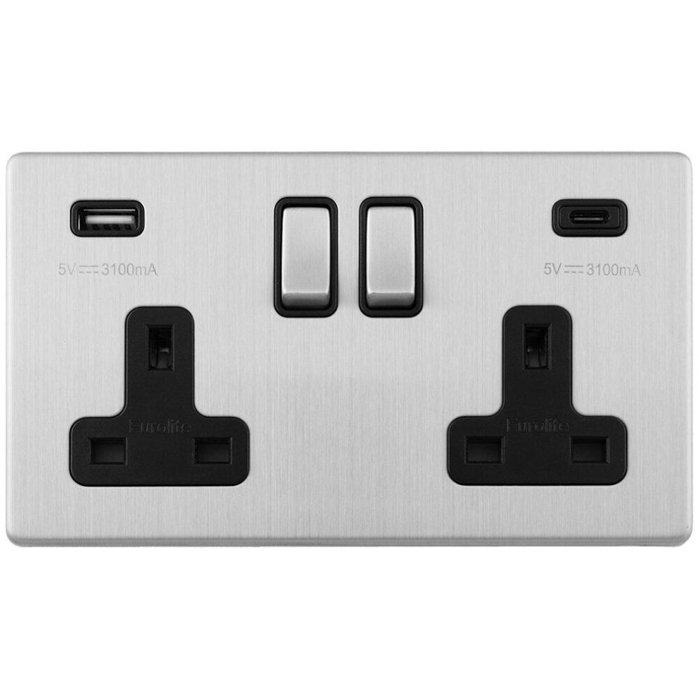 2 Gang Double 13A UK Plug Socket & 2x 3.1A USB-C & USB-A SCREWLESS SATIN STEEL