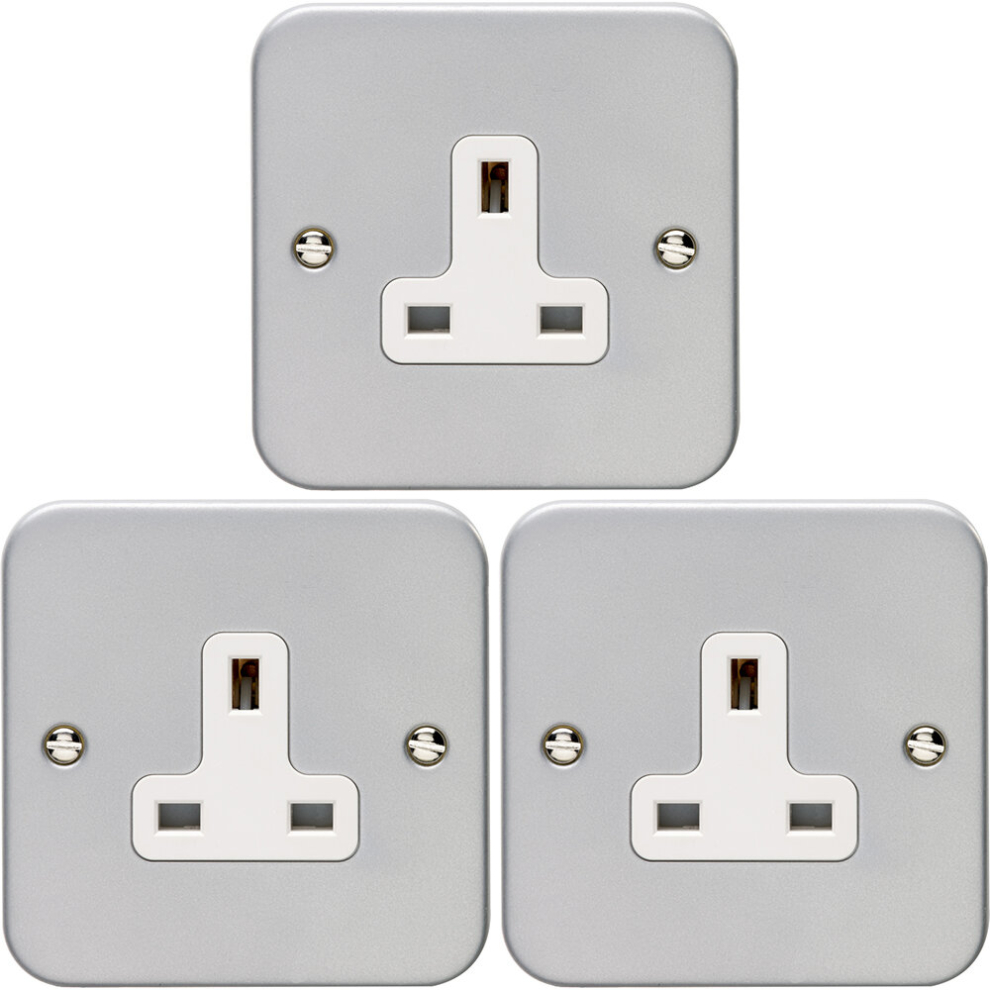 3 PACK 1 Gang Single 13A Unswitched UK Plug Socket HEAVY DUTY METAL CLAD Power