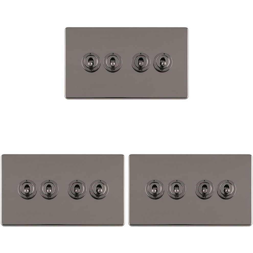 3 PACK 4 Gang Quad Retro Toggle Light Switch SCREWLESS BLACK NICKEL 10A 2 Way