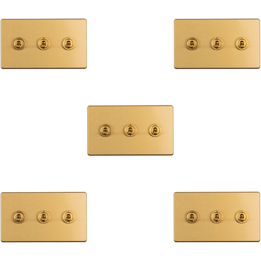 5 PACK 3 Gang Triple Retro Toggle Light Switch SCREWLESS SATIN BRASS 10A 2 Way