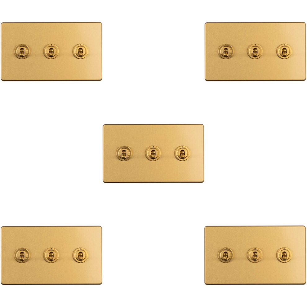 5 Pack 3 Gang Triple Retro Toggle Light Switch Screwless Satin Brass 10A 2 Way 5056581973726