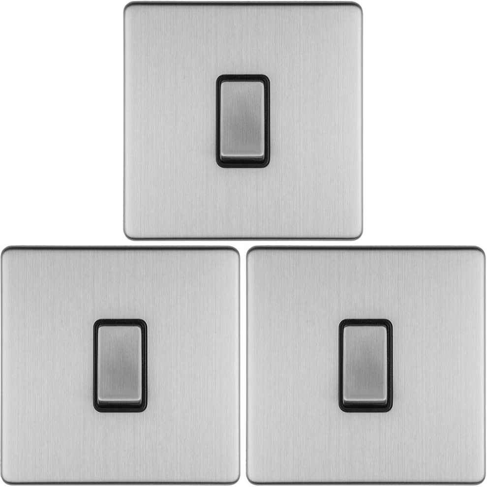 3 PACK 1 Gang Single Light Switch SCREWLESS SATIN STEEL 2 Way 10A Slim Rocker