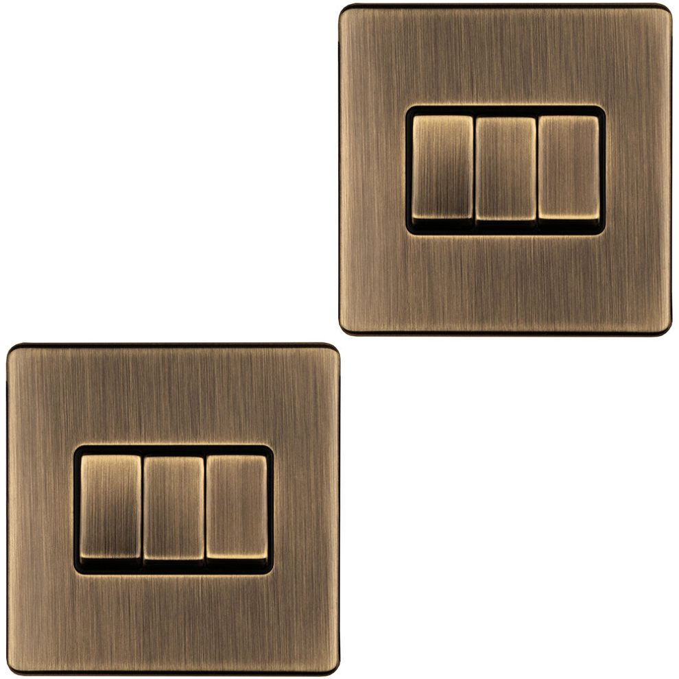 2 PACK 3 Gang Triple Light Switch SCREWLESS ANTIQUE BRASS 2 Way 10A Slim Rocker