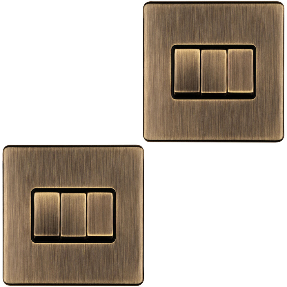 Loops 2 Pack 3 Gang Triple Light Switch Screwless Antique Brass 2 Way 10A Slim Rocker