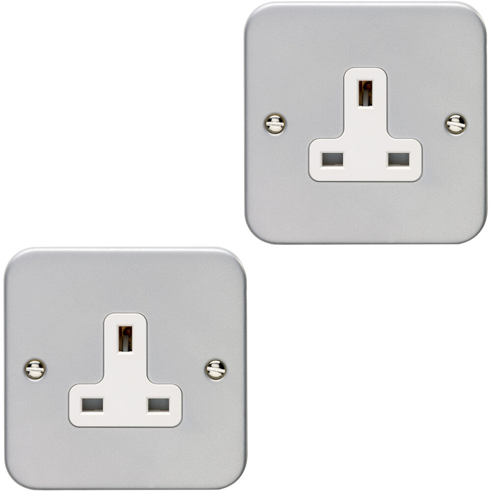 2 PACK 1 Gang Single 13A Unswitched UK Plug Socket HEAVY DUTY METAL CLAD Power