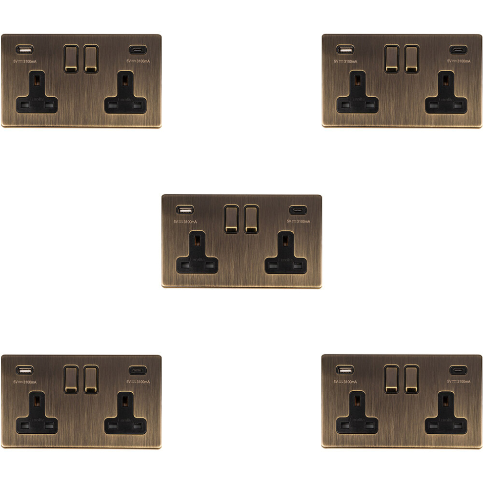 5 PACK 2 Gang Double 13A UK Plug Socket & 2x 3.1A USB-C SCREWLESS ANTIQUE BRASS