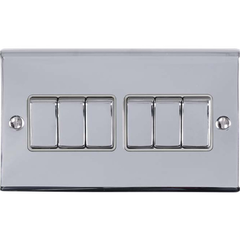 6 Gang Multi Light Switch POLISHED CHROME 2 Way 10A GREY Trim & Metal Rocker