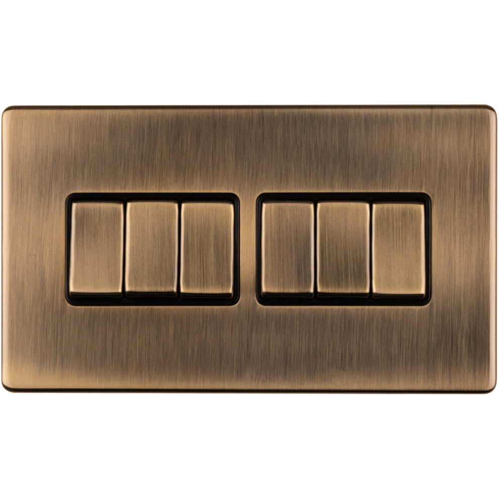 Loops 6 Gang Multi Light Switch Screwless Antique Brass 2 Way 10A Metal Rocker Slim - Image 2