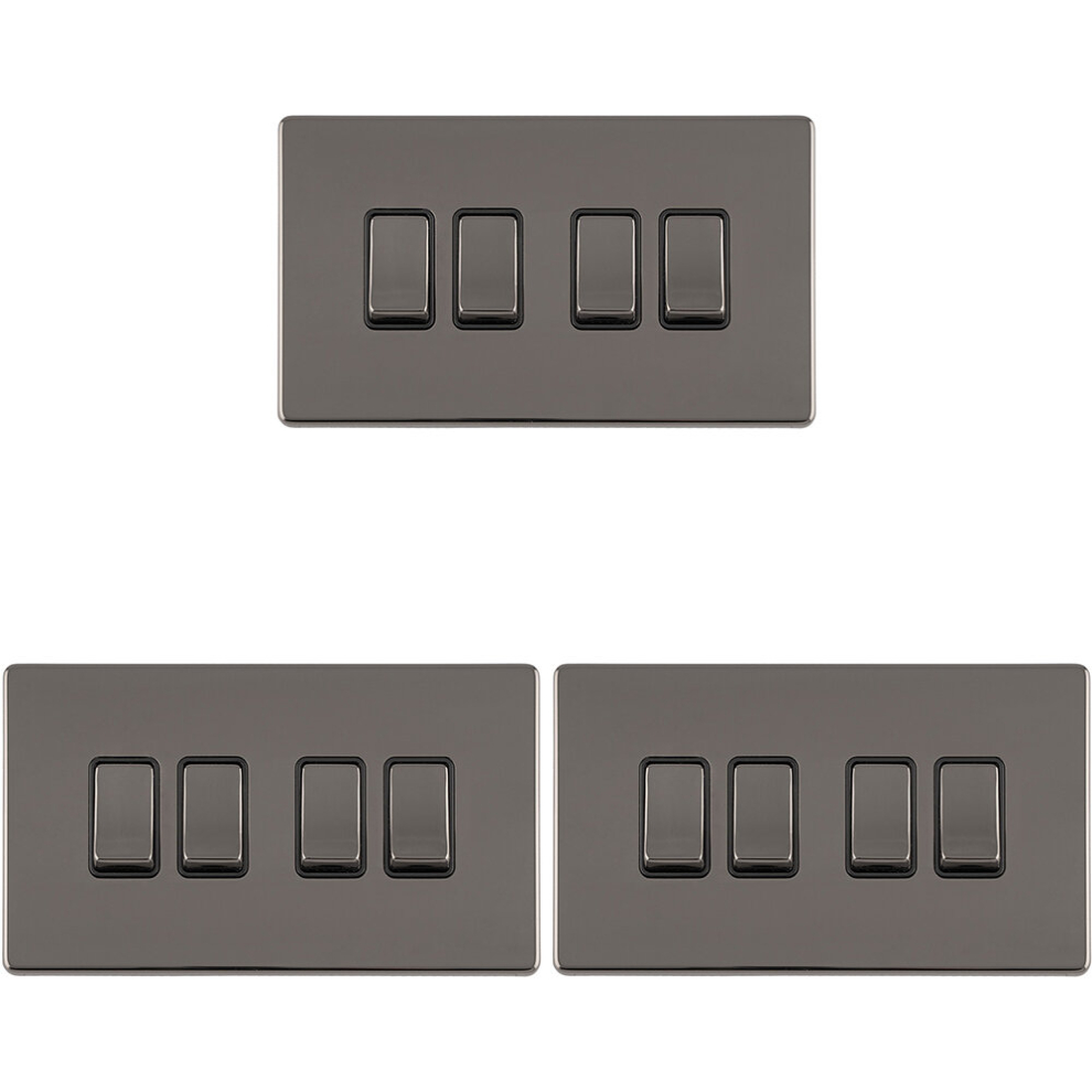 3 PACK 4 Gang Quad Light Switch SCREWLESS BLACK NICKEL 2 Way 10A Slim Rocker