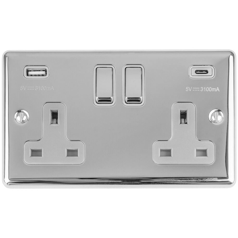 2 Gang Double UK Plug Socket & Dual 3.1A USB-C & A CHROME & GREY 13A Switched