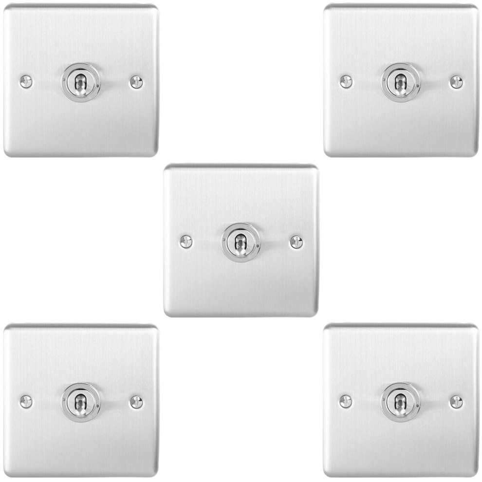 5 PACK 1 Gang Single Retro Toggle Light Switch SATIN STEEL 10A 2 Way Wall Plate