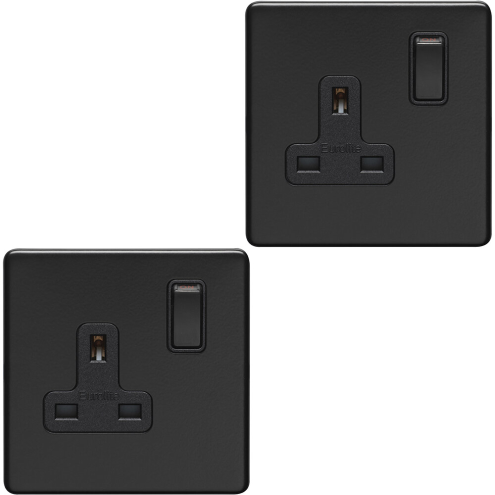 2 PACK 1 Gang DP 13A Switched UK Plug Socket SCREWLESS MATT BLACK Wall Power