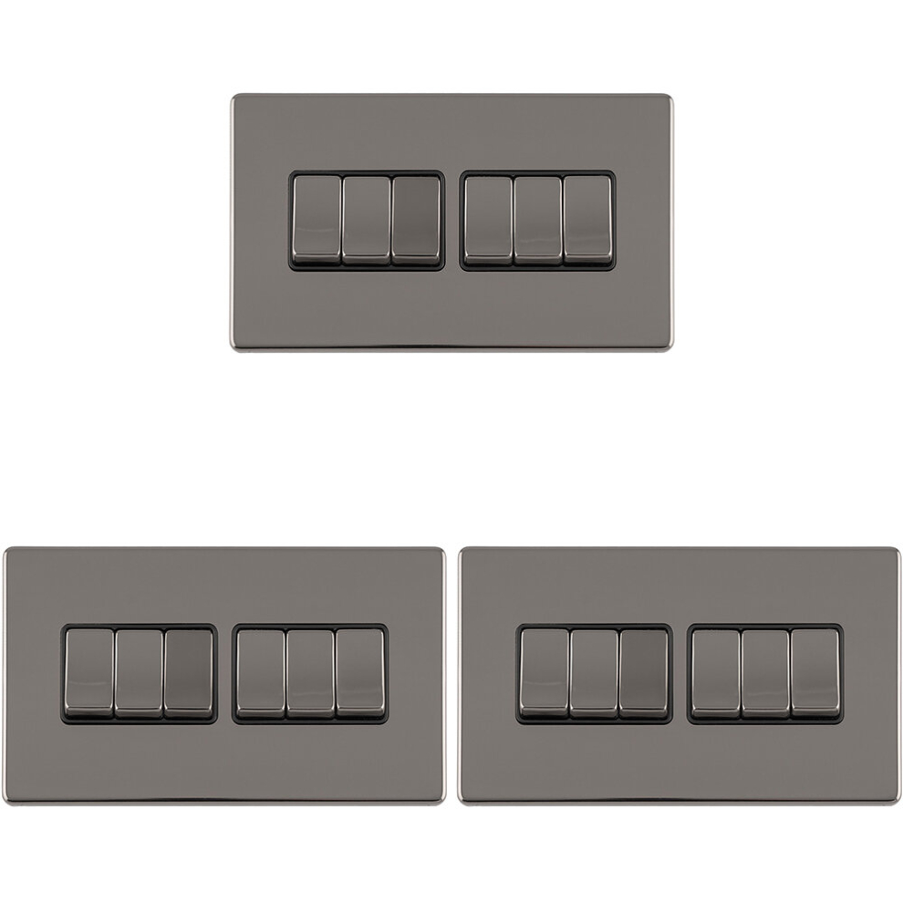 3 PACK 6 Gang Multi Light Switch SCREWLESS BLACK NICKEL 2 Way 10A Slim Rocker