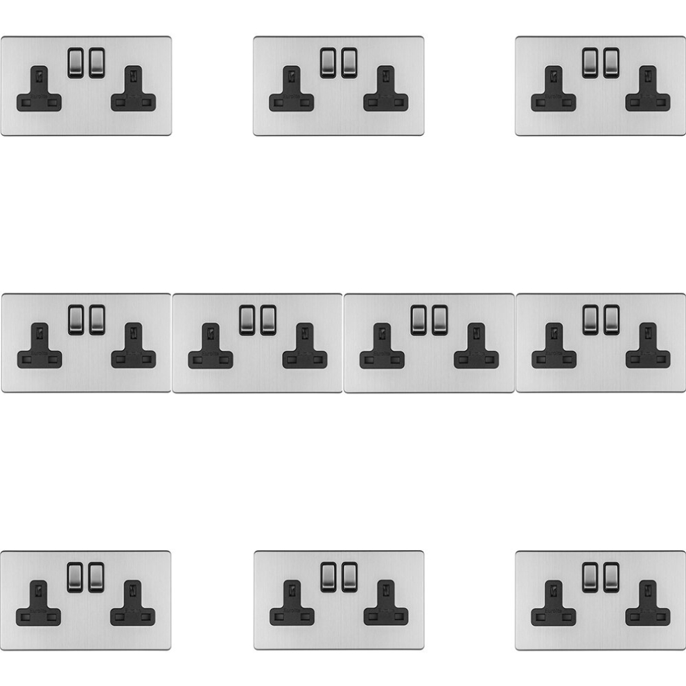 10 PACK 2 Gang DP 13A Switched UK Plug Socket SCREWLESS SATIN STEEL Wall Power