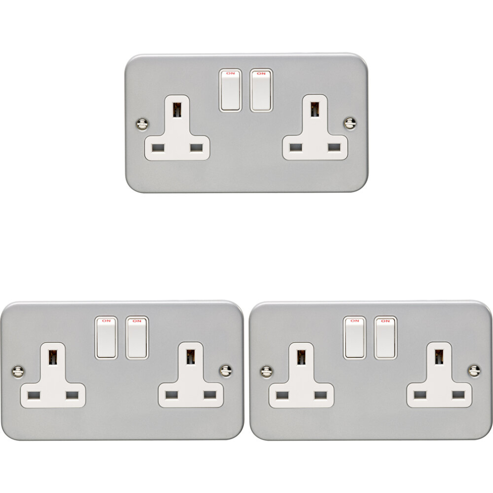 3 PACK 2 Gang Double 13A Switched UK Plug Socket HEAVY DUTY METAL CLAD Power