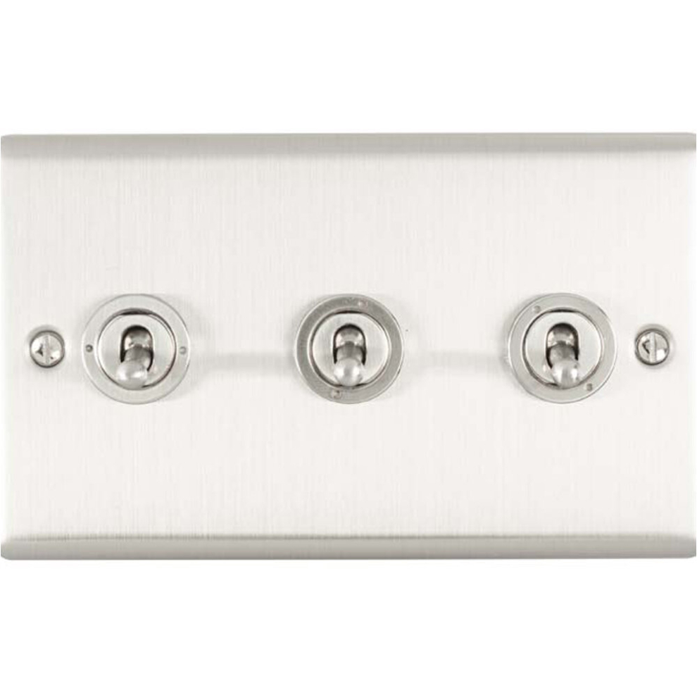 3 Gang Triple Retro Toggle Light Switch SATIN STEEL 10A 2 Way Lever Wall Plate