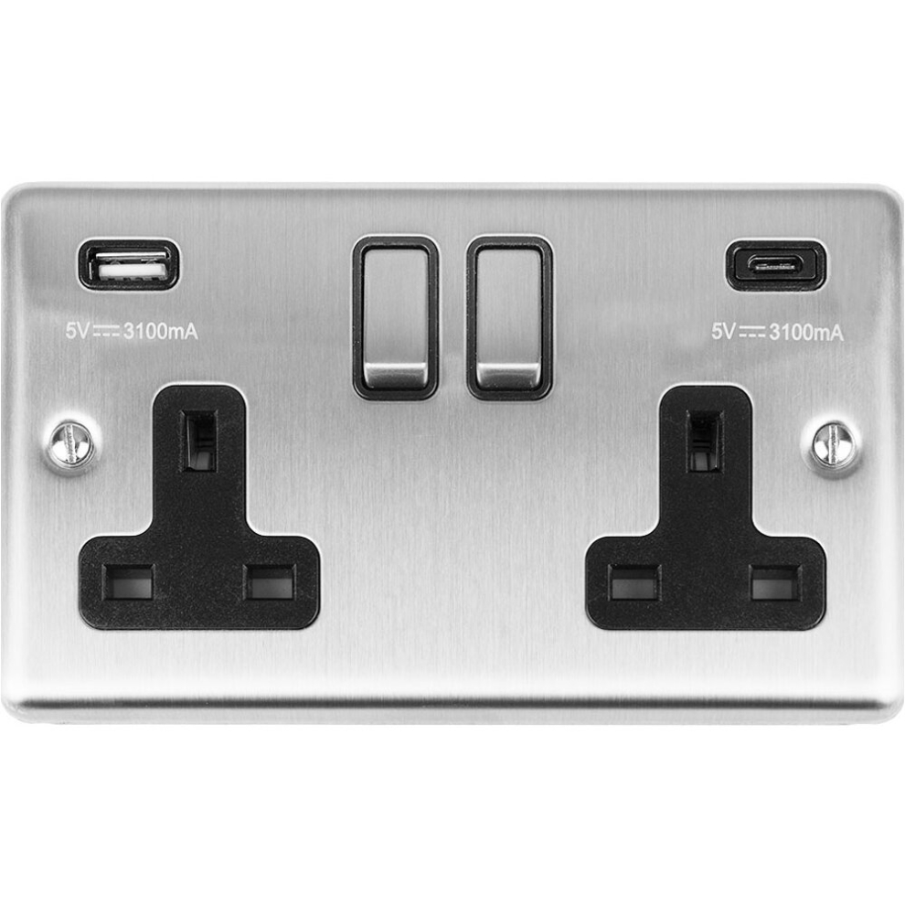 2 Gang Double UK Plug Socket & 2x 3.1A USB-C & A SATIN STEEL & BLACK 13A Switch