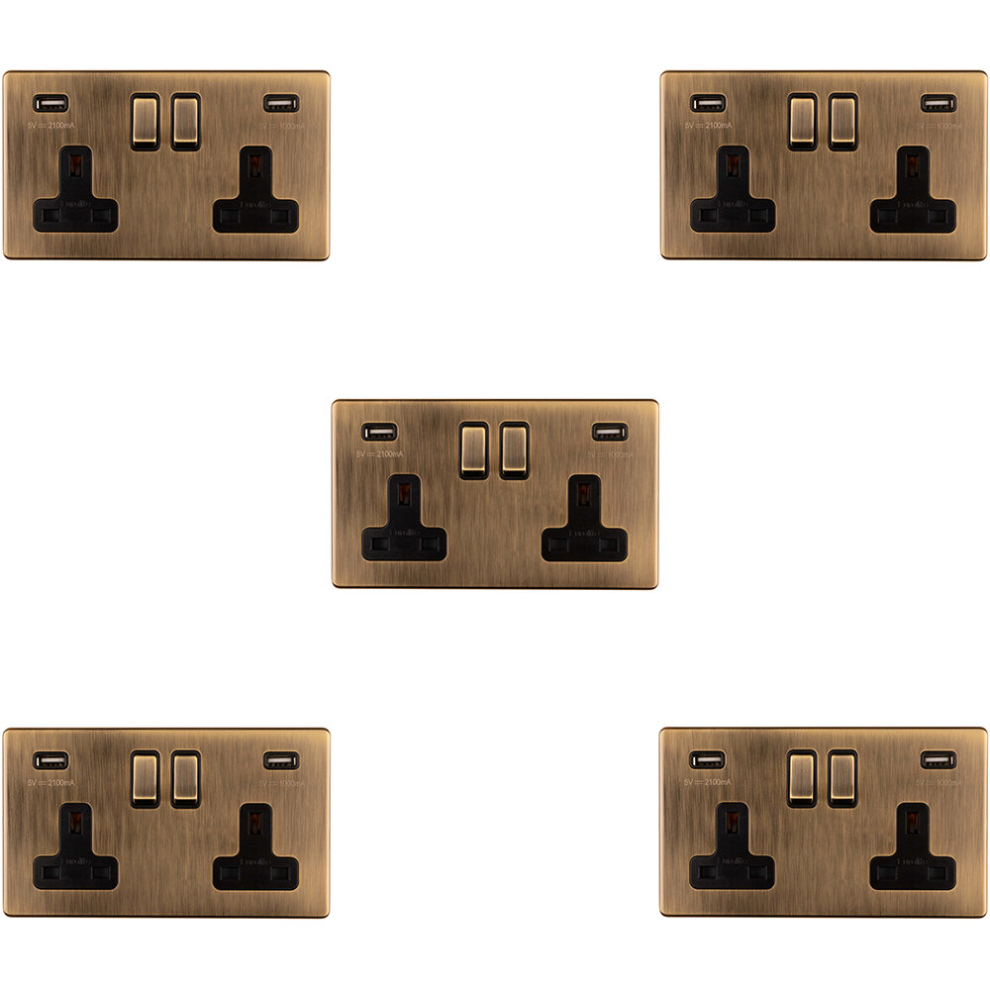 5 PACK 2 Gang Double 13A UK Plug Socket & 2.1A USB-A SCREWLESS ANTIQUE BRASS