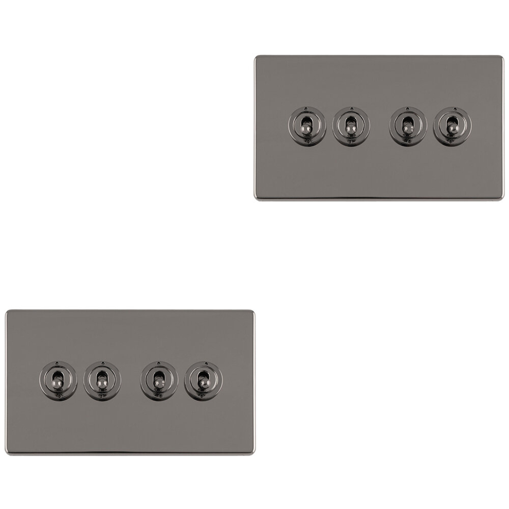 2 PACK 4 Gang Quad Retro Toggle Light Switch SCREWLESS BLACK NICKEL 10A 2 Way