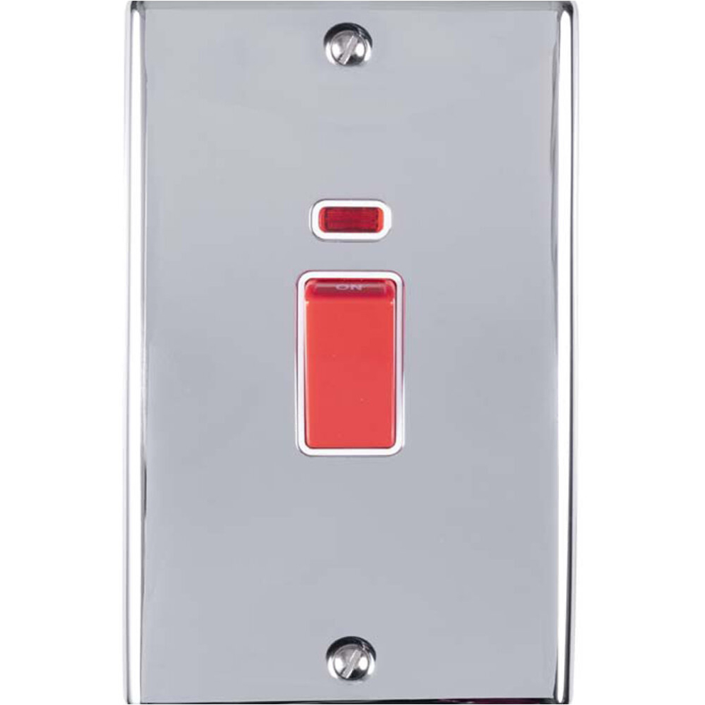 2 Gang Double 45A DP Switch & Neon POLISHED CHROME & WHITE TRIM Vertical Rocker