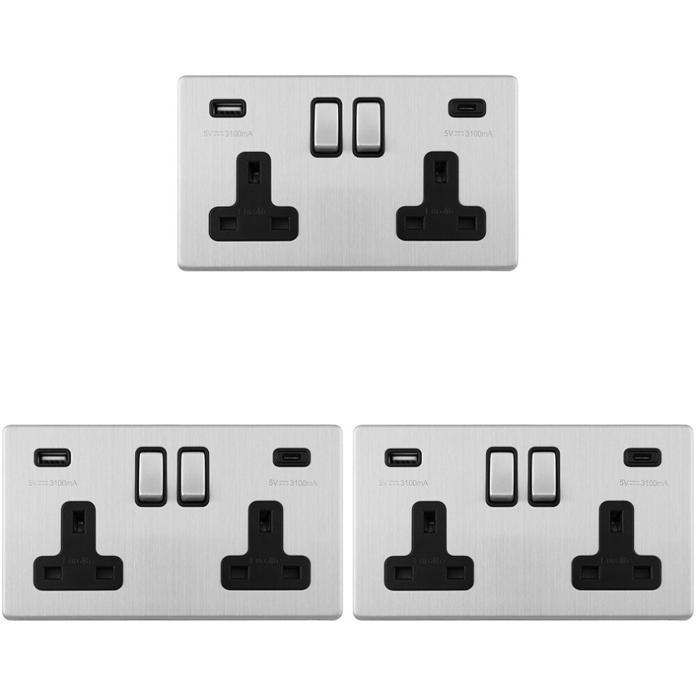 3 PACK 2 Gang Double 13A UK Plug Socket & 2x 3.1A USB-C SCREWLESS SATIN STEEL