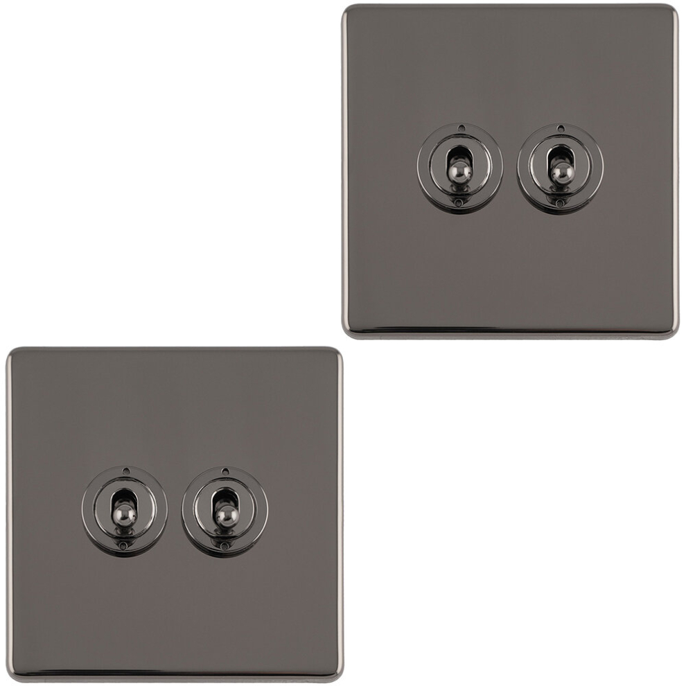 2 PACK 2 Gang Double Retro Toggle Light Switch SCREWLESS BLACK NICKEL 10A 2 Way