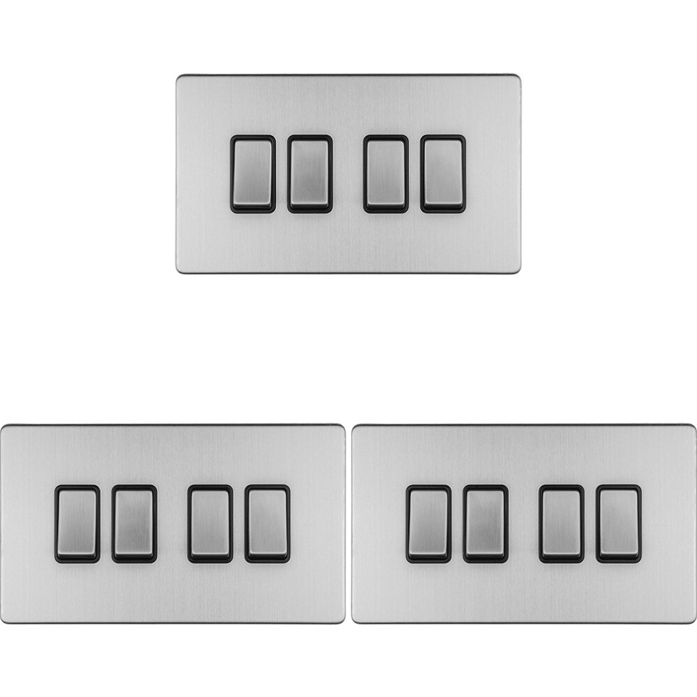 3 PACK 4 Gang Quad Light Switch SCREWLESS SATIN STEEL 2 Way 10A Slim Rocker