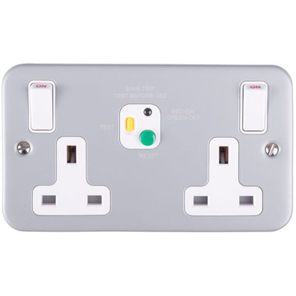 2 Gang Double 13A Swithed UK Plug Socket - 30mA Passive RCD Safety - METAL CLAD