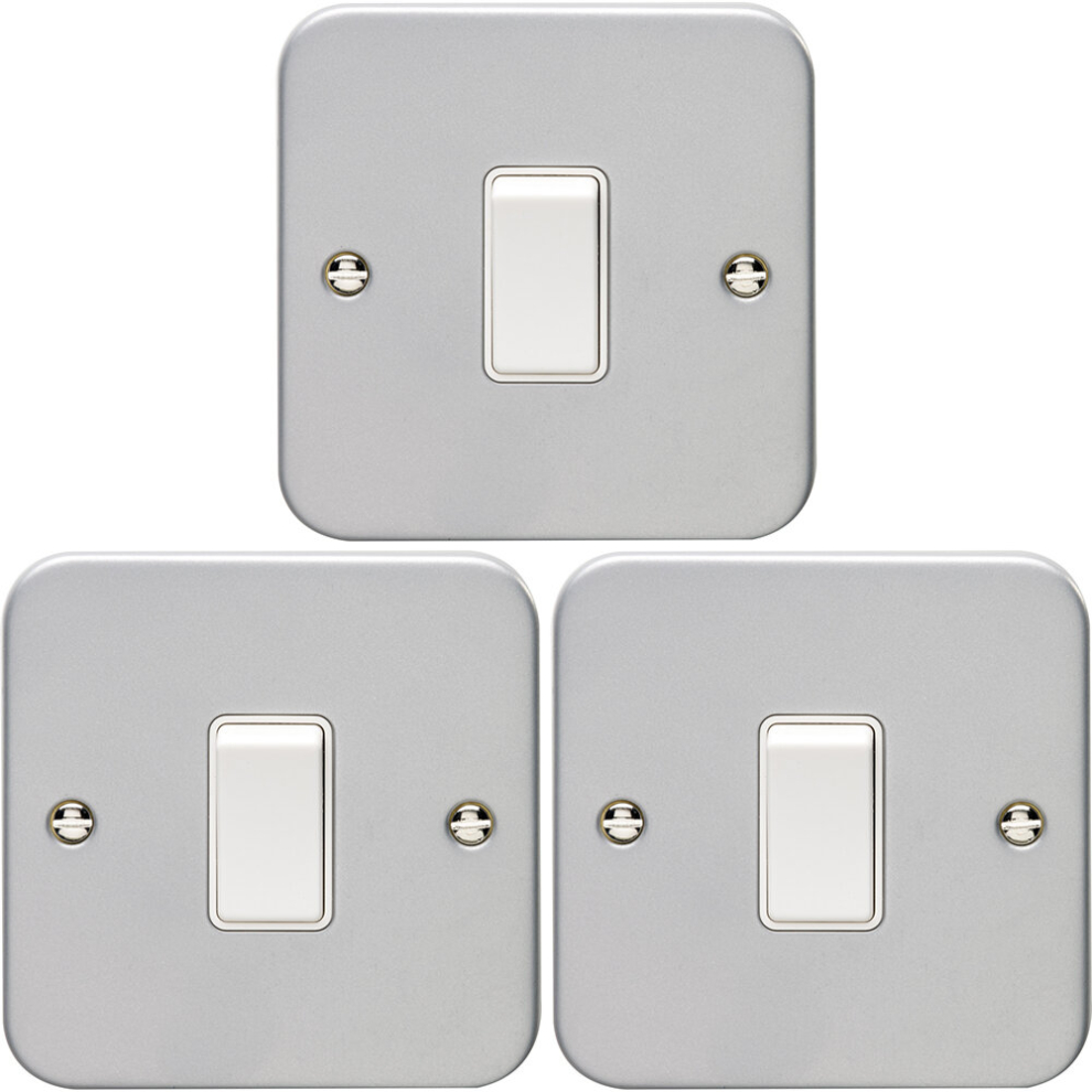 3 PACK 1 Gang Single Light Switch 2 Way 10A HEAVY DUTY METAL CLAD - White Rocker