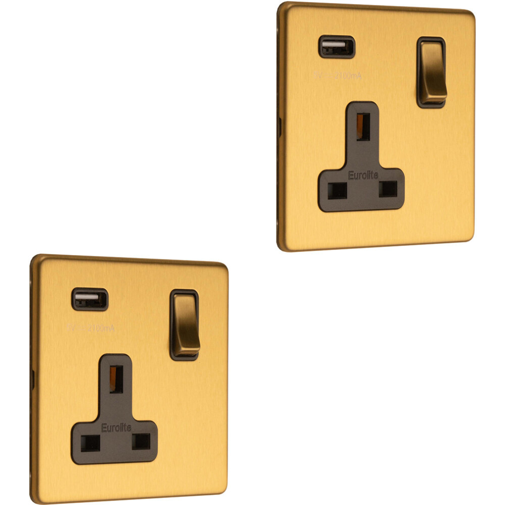 2 PACK 1 Gang Single 13A UK Plug Socket & 2.1A USB-A SCREWLESS SATIN BRASS