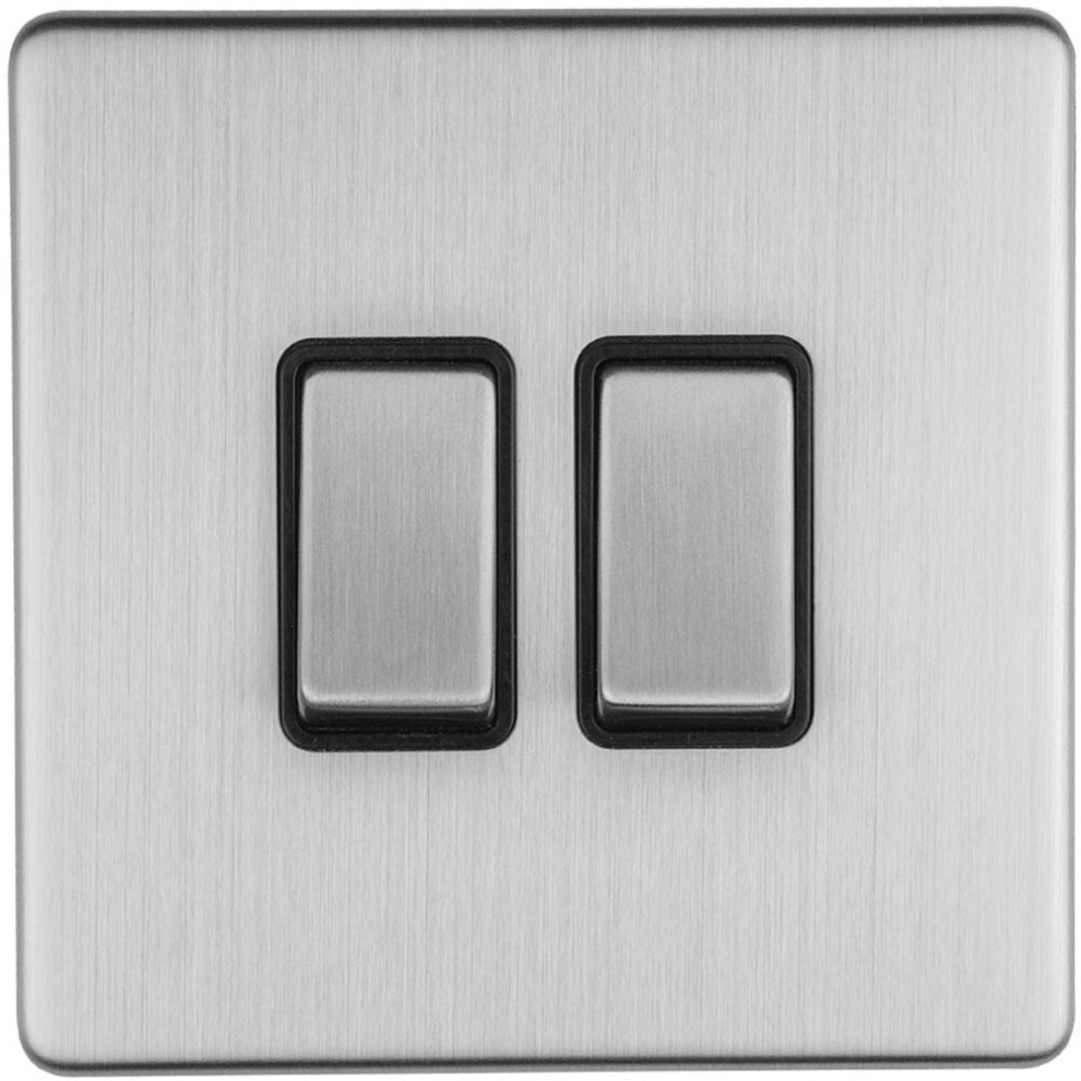 Loops 2 Gang Single Light Switch Screwless Satin Steel 2 Way 10A Metal Rocker Slim