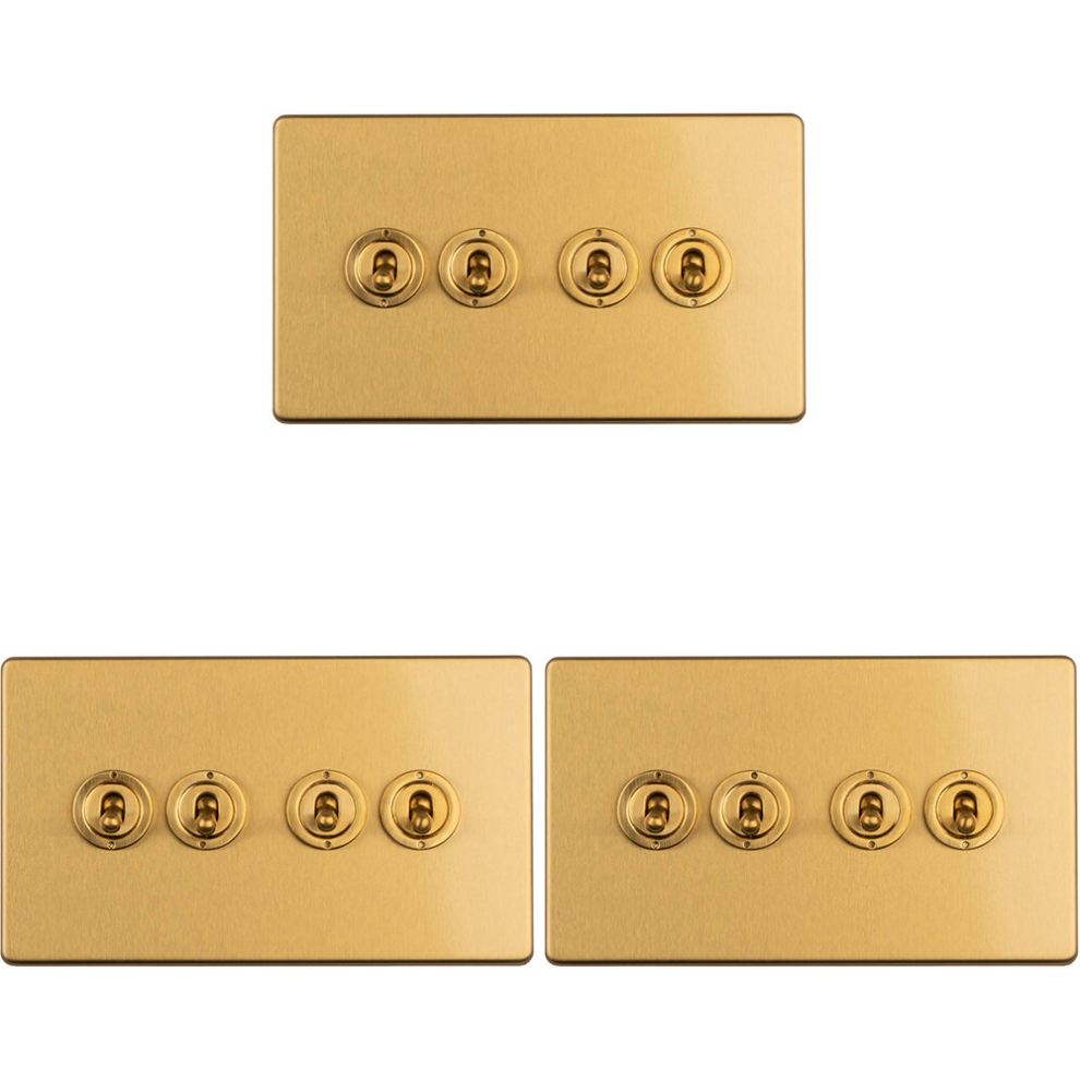 3 Pack 4 Gang Quad Retro Toggle Light Switch Screwless Satin Brass 10A 2 Way 5056581973757