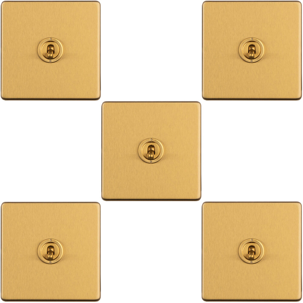 5 Pack 1 Gang Single Retro Toggle Light Switch Screwless Satin Brass 10A 2 Way 5056581973641