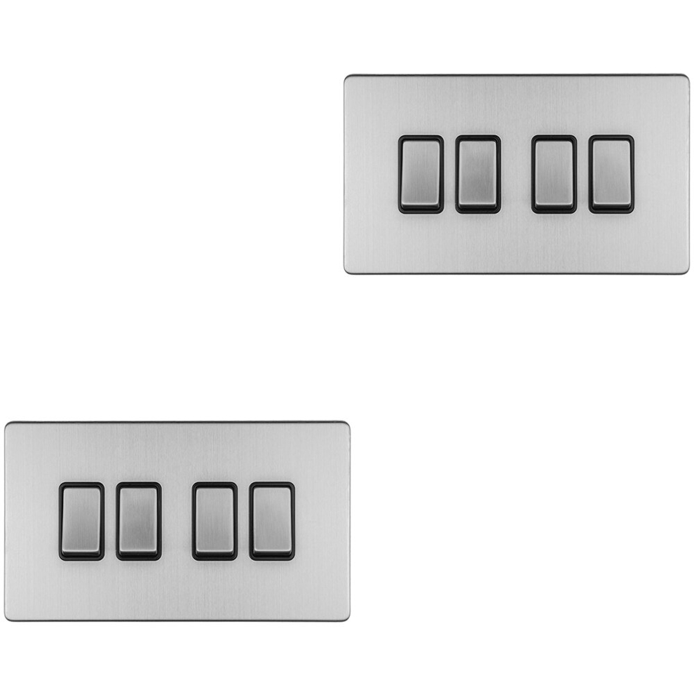 2 Pack 4 Gang Quad Light Switch Screwless Satin Steel 2 Way 10A Slim Rocker 5056581974181