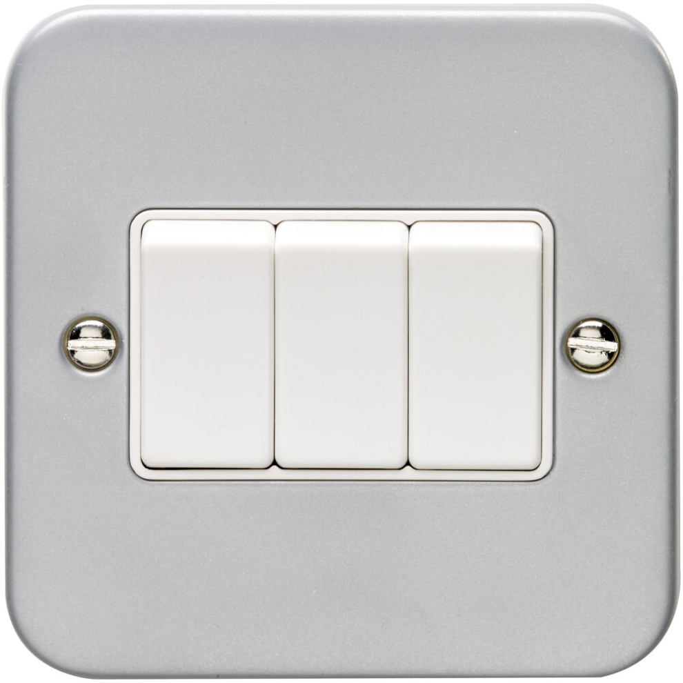 3 Gang Triple Light Switch 2 Way 10A HEAVY DUTY METAL CLAD - White Trim & Rocker