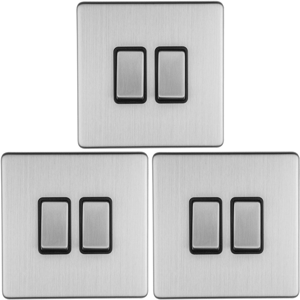 3 PACK 2 Gang Single Light Switch SCREWLESS SATIN STEEL 2 Way 10A Slim Rocker