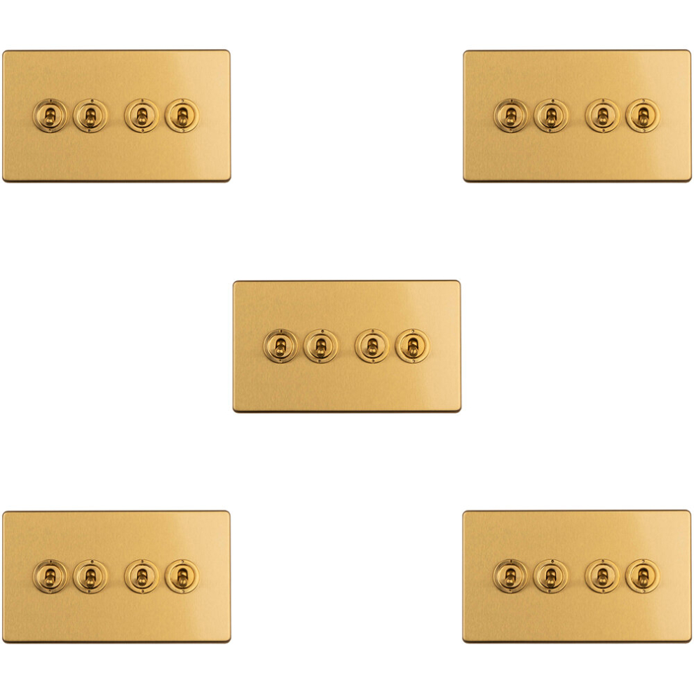 5 PACK 4 Gang Quad Retro Toggle Light Switch SCREWLESS SATIN BRASS 10A 2 Way