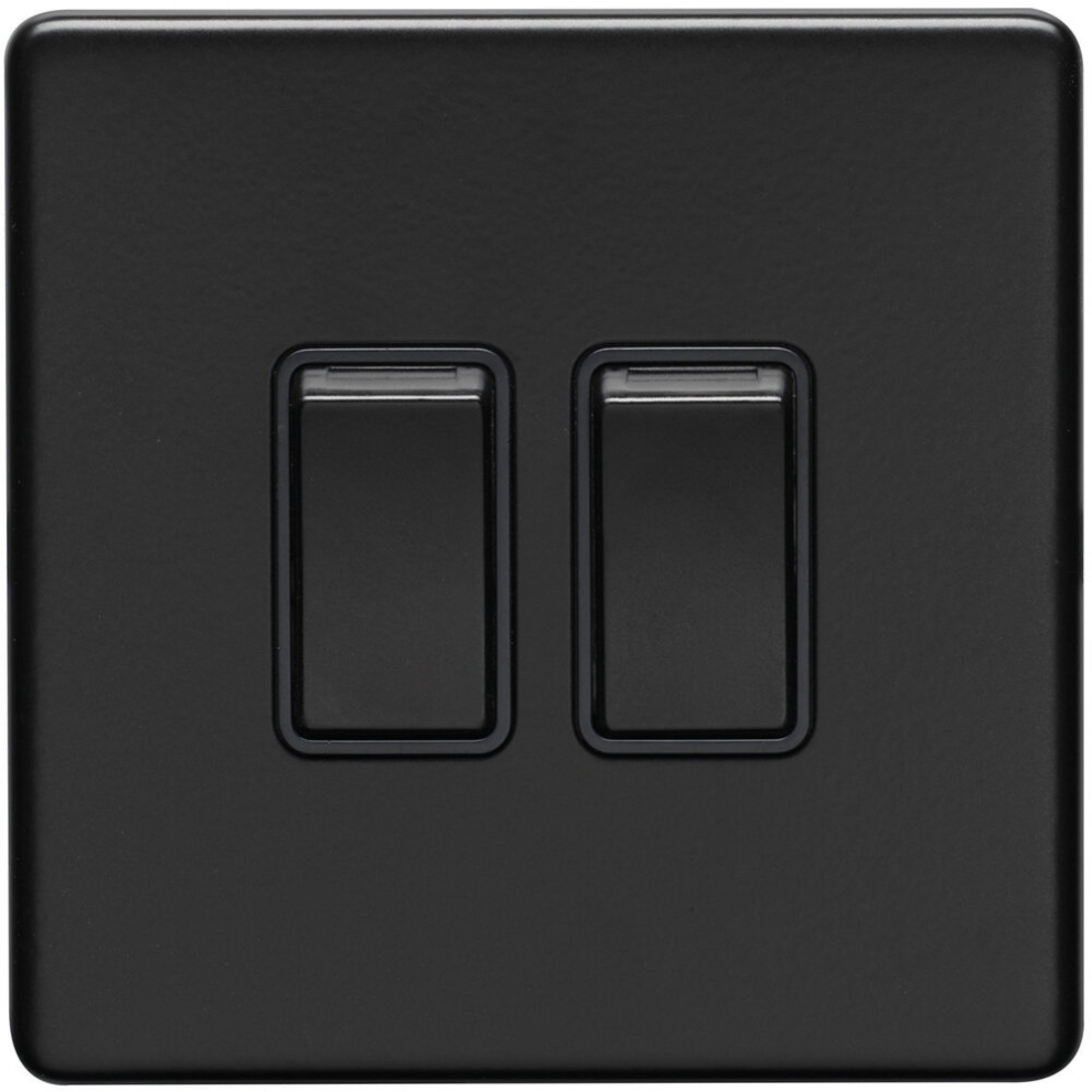 2 Gang Double Light Switch SCREWLESS MATT BLACK 2 Way 10A Metal Rocker Slim