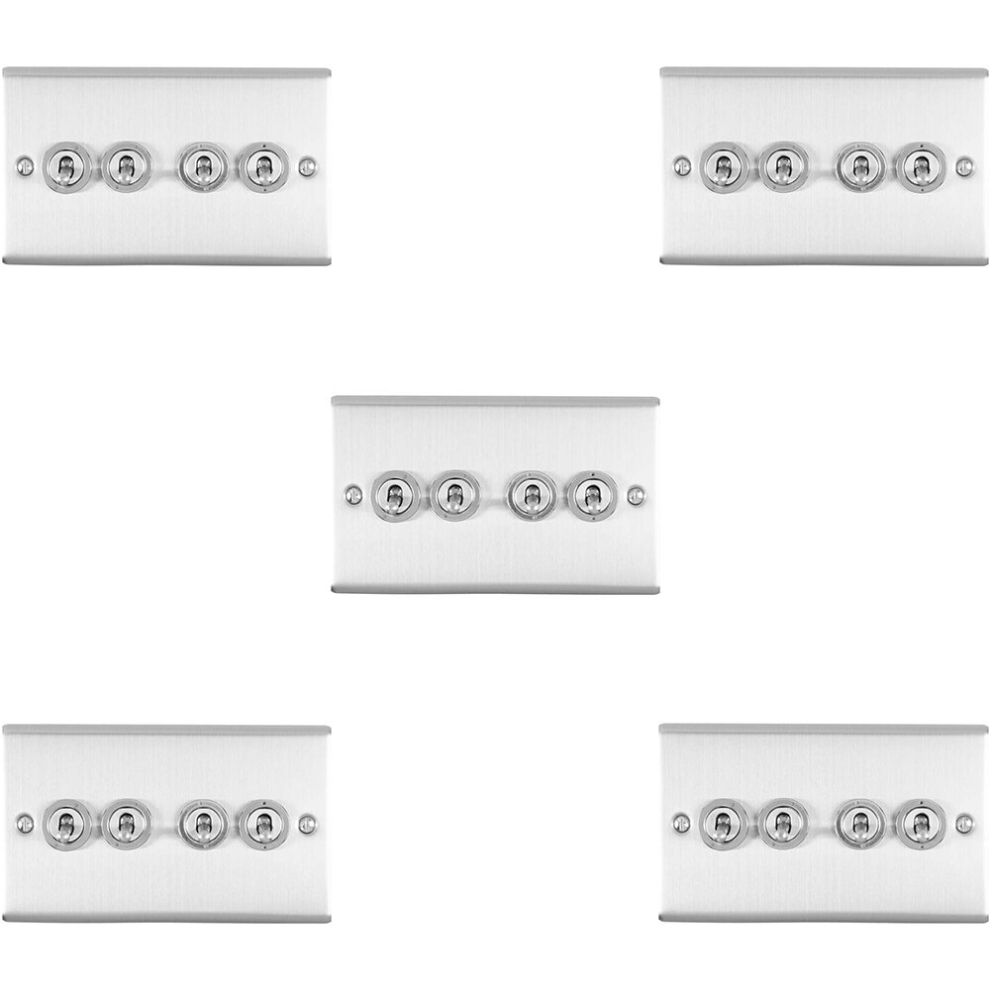 5 PACK 4 Gang Quad Retro Toggle Light Switch SATIN STEEL 10A 2 Way Wall Plate